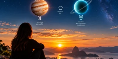 Mulher observa o horizonte ao pôr do sol, com representações de Júpiter em Leão e Urano retrógrado em Gêmeos no céu.
