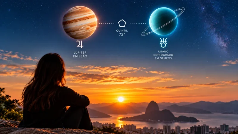 Mulher observa o horizonte ao pôr do sol, com representações de Júpiter em Leão e Urano retrógrado em Gêmeos no céu.