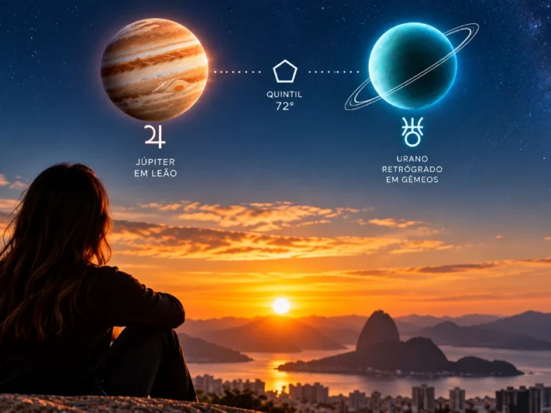 Mulher observa o horizonte ao pôr do sol, com representações de Júpiter em Leão e Urano retrógrado em Gêmeos no céu.