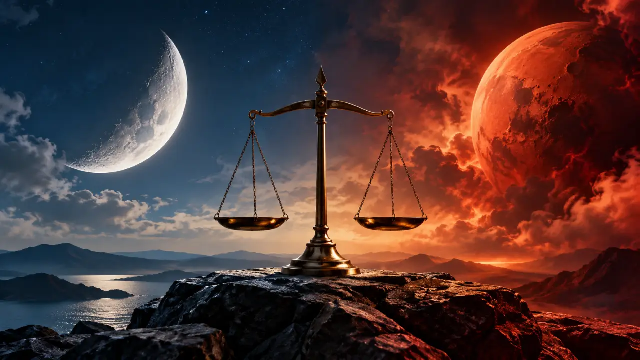 Balança em equilíbrio entre a Lua e um planeta avermelhado simboliza tensão entre harmonia e impulso no horóscopo deste domingo Balança em equilíbrio entre a Lua e um planeta avermelhado simboliza tensão entre harmonia e impulso no horóscopo deste domingo