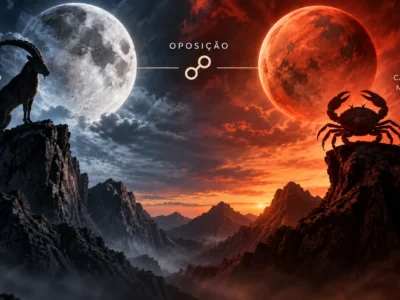 Lua em Capricórnio e Marte em Câncer representados em oposição sobre uma paisagem montanhosa.