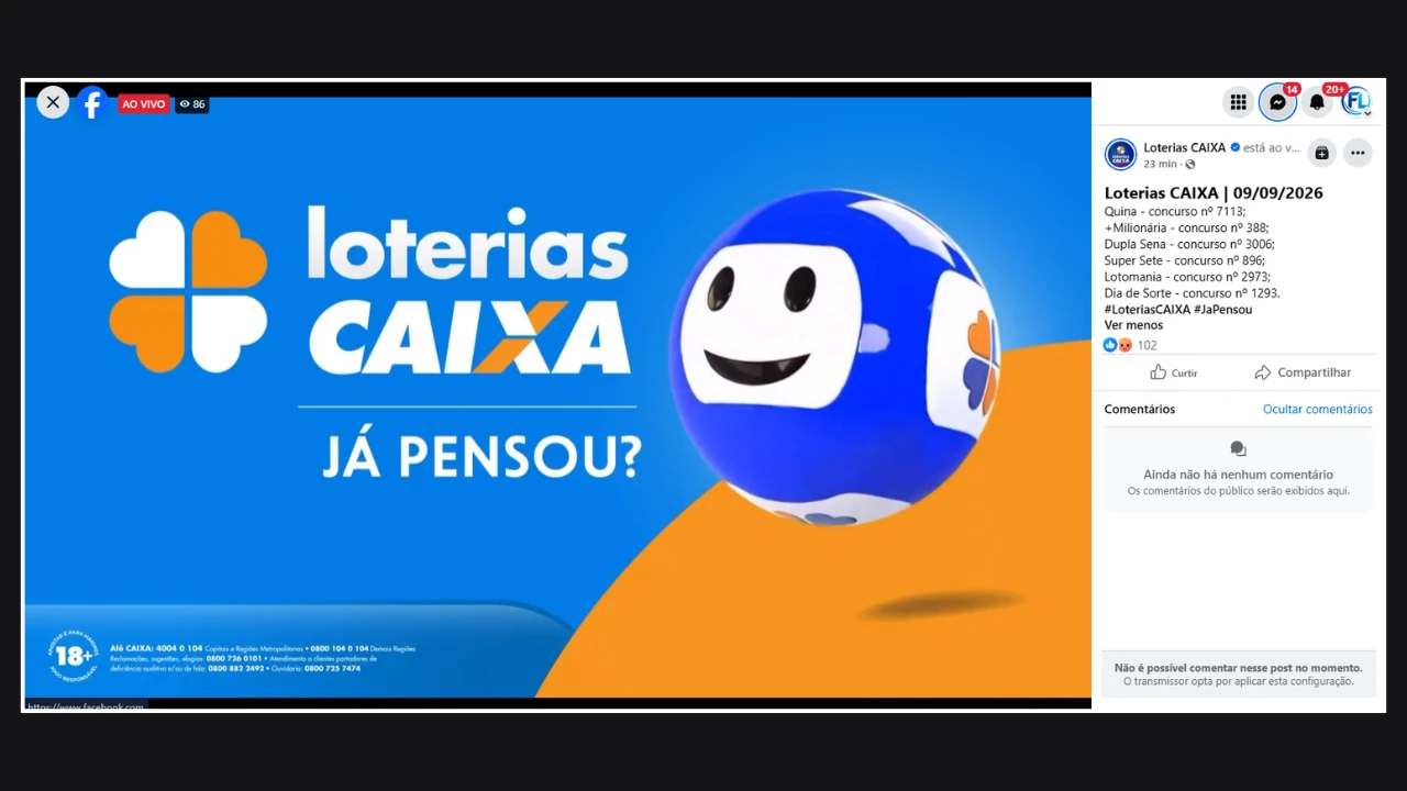 Tela comprova atraso nos sorteios pela Caixa Loterias das modalidades Quina, +Milionária, Dupla Sena, Super Sete, Lotomania e Dia de Sorte: R$ 126 milhões em jogo