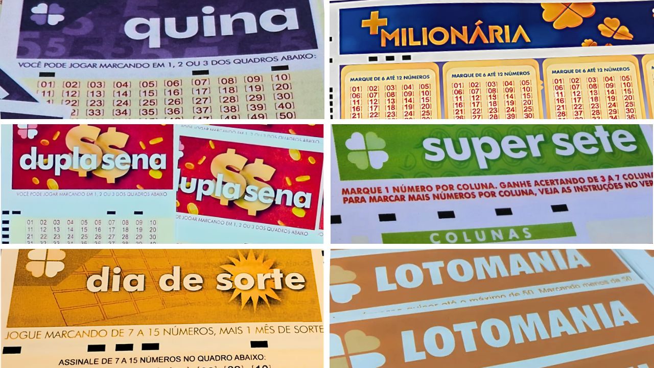Imagem com recorte de volantes de aposta nas modalidades lotéricas Quina, +Milionária, Dupla Sena, Super Sete, Lotomania e Dia de Sorte: início dos sorteios nesta quarta-feira, 09/09, teve atraso sem explicação | Folha do Leste/arquivo
