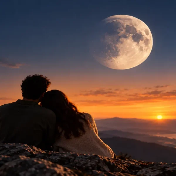Casal sentado em uma montanha observa a Lua no céu durante o pôr do sol.