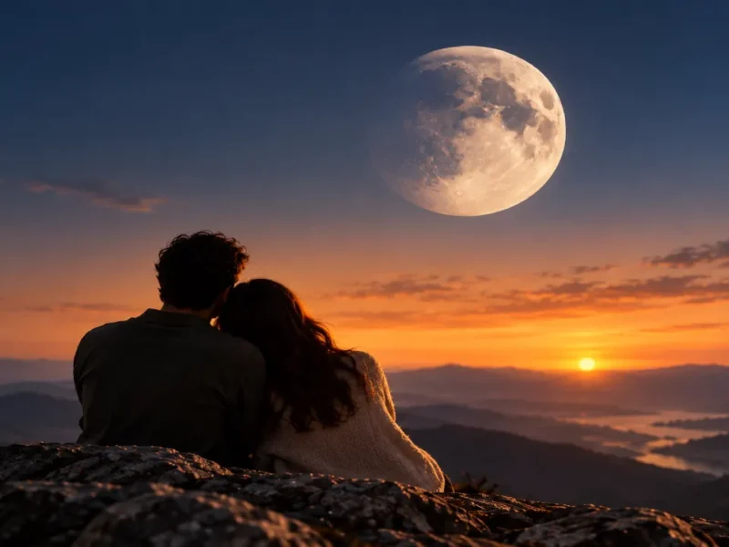 Casal sentado em uma montanha observa a Lua no céu durante o pôr do sol.