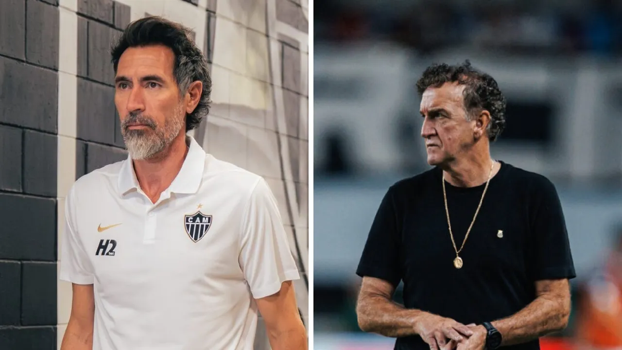 Eduardo Domínguez, técnico do Atlético-MG, e Cuca, treinador do Santos, antes da decisão pela Copa do Brasil Eduardo Domínguez, técnico do Atlético-MG, e Cuca, treinador do Santos, antes da decisão pela Copa do Brasil