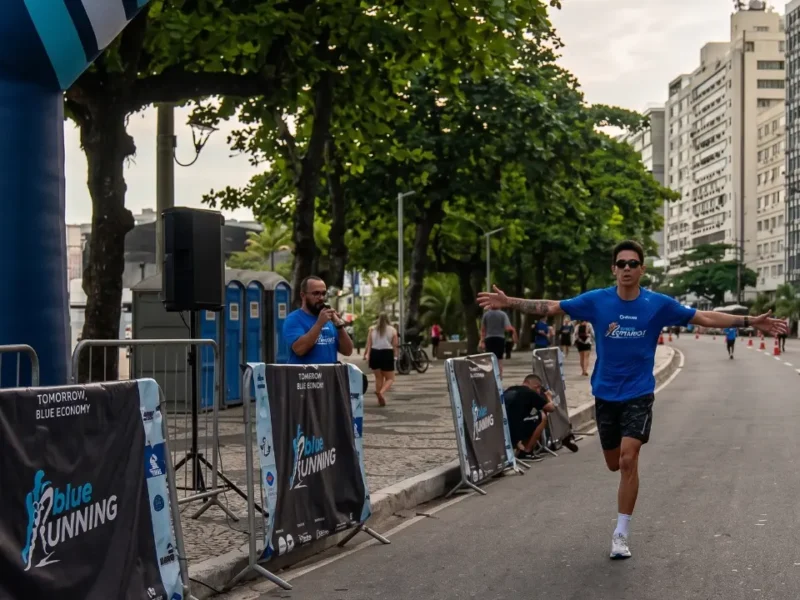 Corredores participam da Blue Running na orla da Praia de Icaraí, em Niterói