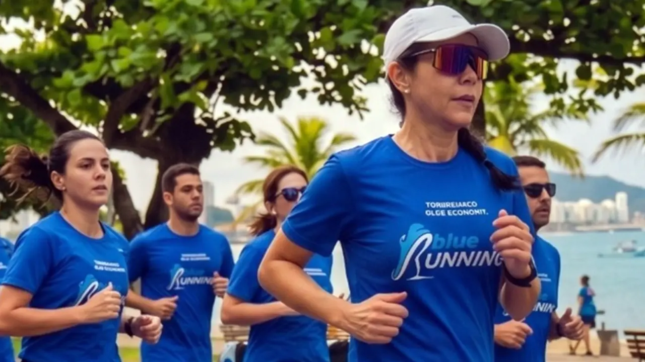 Corredores participam da Blue Running na orla da Praia de Icaraí, em Niterói