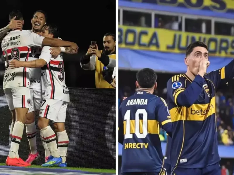 Jogadores de São Paulo e Boca Juniors antes do confronto pelas quartas da Copa Sul-Americana