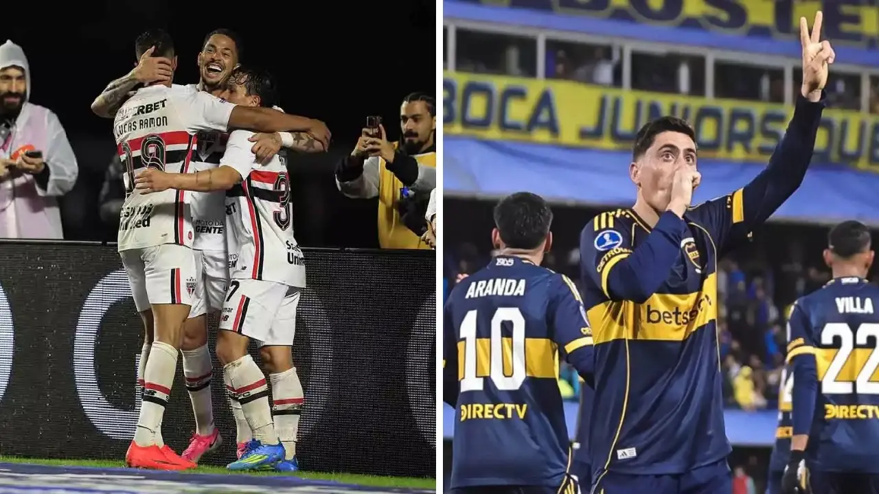 Jogadores de São Paulo e Boca Juniors antes do confronto pelas quartas da Copa Sul-Americana