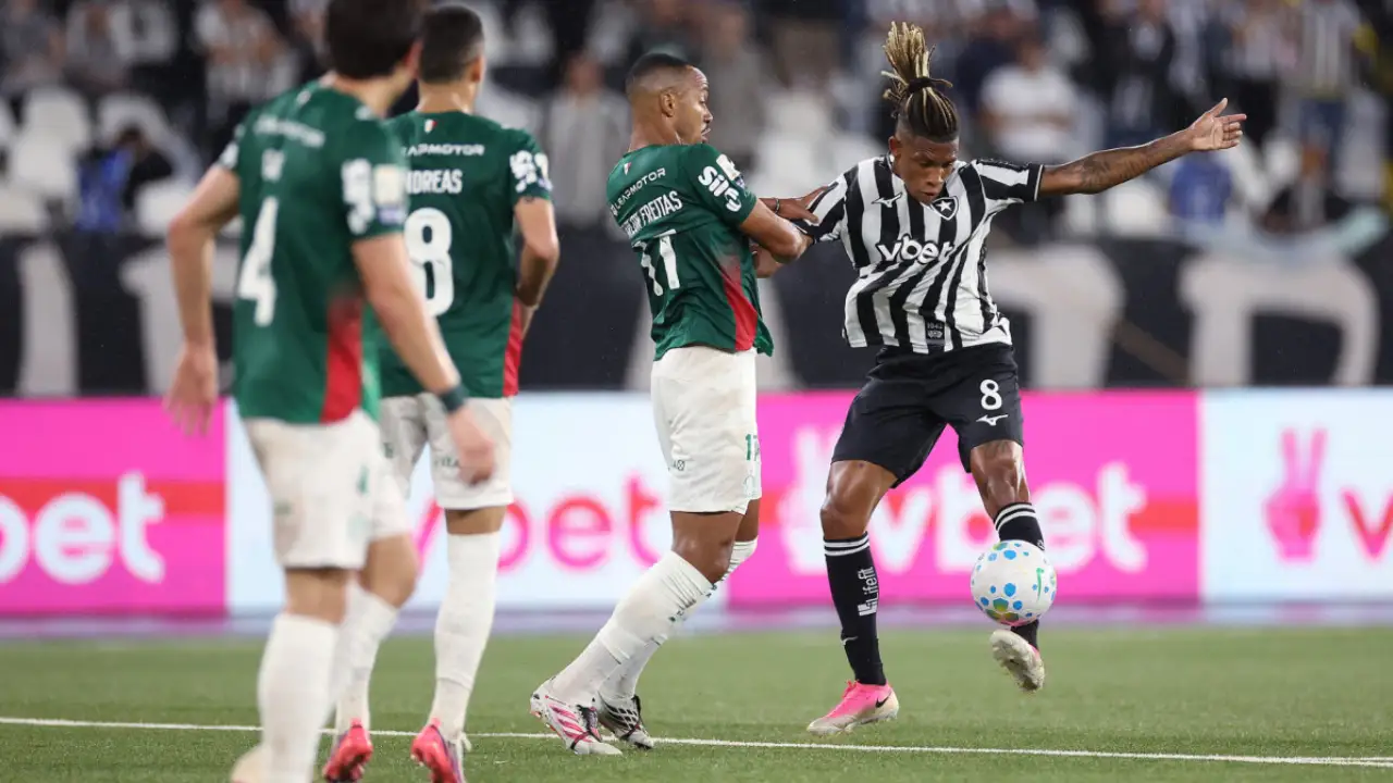 Jogadores de Botafogo e Palmeiras durante empate sem gols no Nilton Santos pelo Brasileirão Jogadores de Botafogo e Palmeiras durante empate sem gols no Nilton Santos pelo Brasileirão