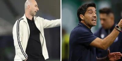 Rodrigo Bellão e Abel Ferreira antes de Botafogo x Palmeiras pela 26ª rodada do Brasileirão