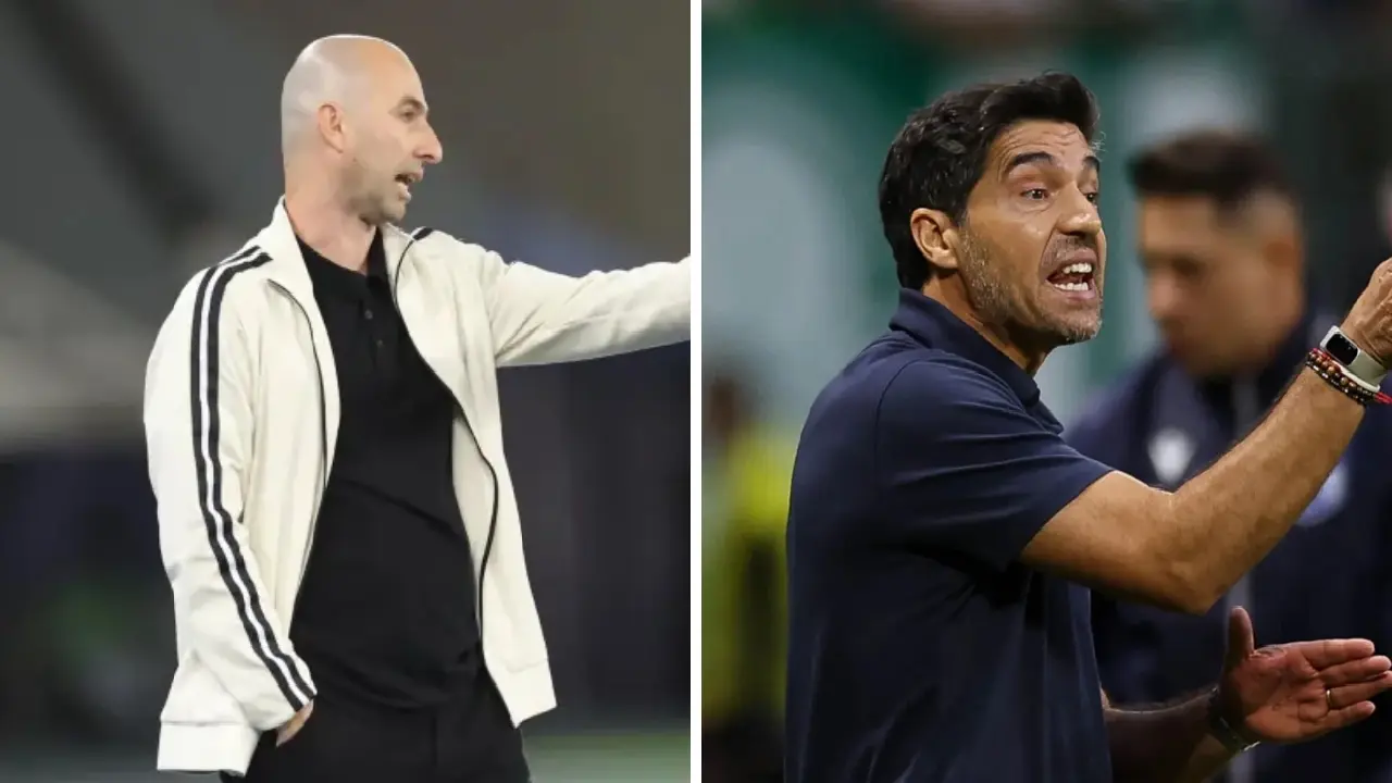 Rodrigo Bellão e Abel Ferreira antes de Botafogo x Palmeiras pela 26ª rodada do Brasileirão