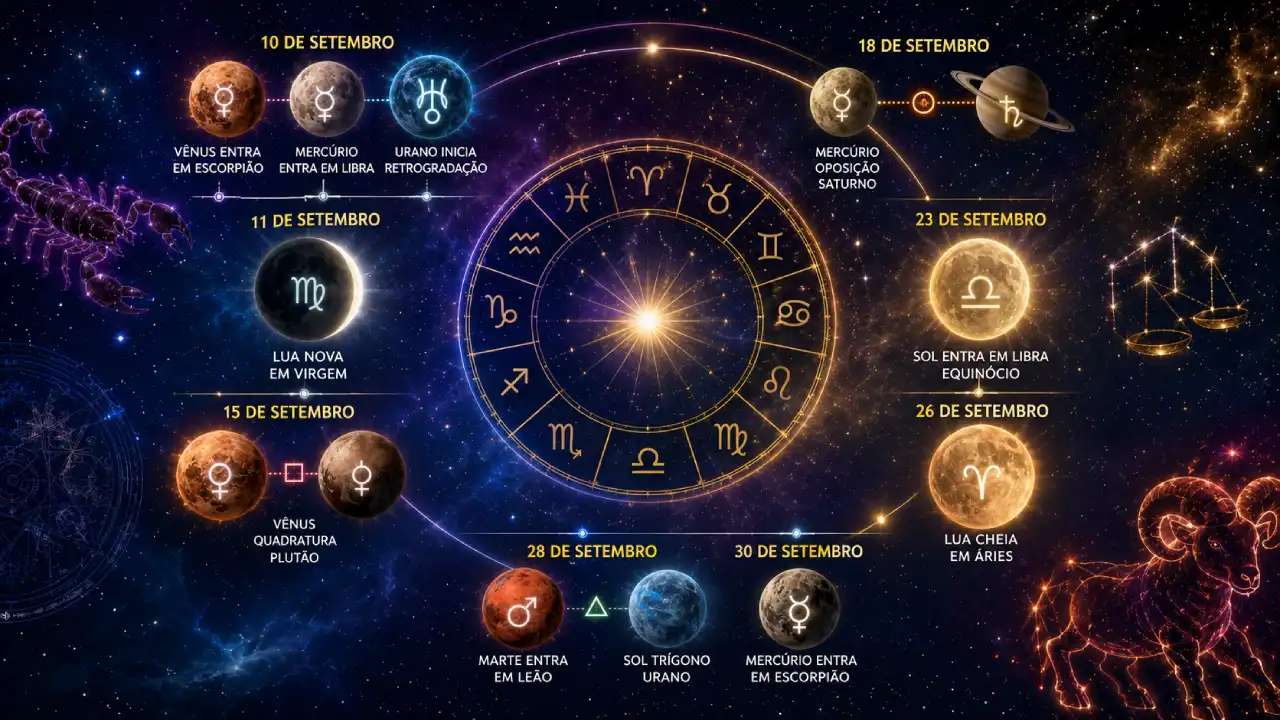 Calendário astrológico de setembro de 2026 com roda zodiacal, planetas e principais eventos do mês Calendário astrológico de setembro de 2026 com roda zodiacal, planetas e principais eventos do mês