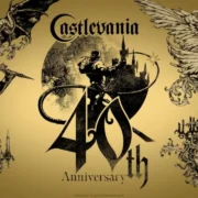 Arte comemorativa dos 40 anos de Castlevania com Simon Belmont, criaturas e o castelo de Drácula.