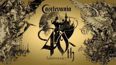 Arte comemorativa dos 40 anos de Castlevania com Simon Belmont, criaturas e o castelo de Drácula.