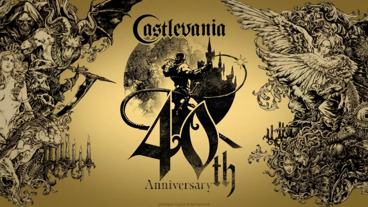 Arte comemorativa dos 40 anos de Castlevania com Simon Belmont, criaturas e o castelo de Drácula. Arte comemorativa dos 40 anos de Castlevania com Simon Belmont, criaturas e o castelo de Drácula.
