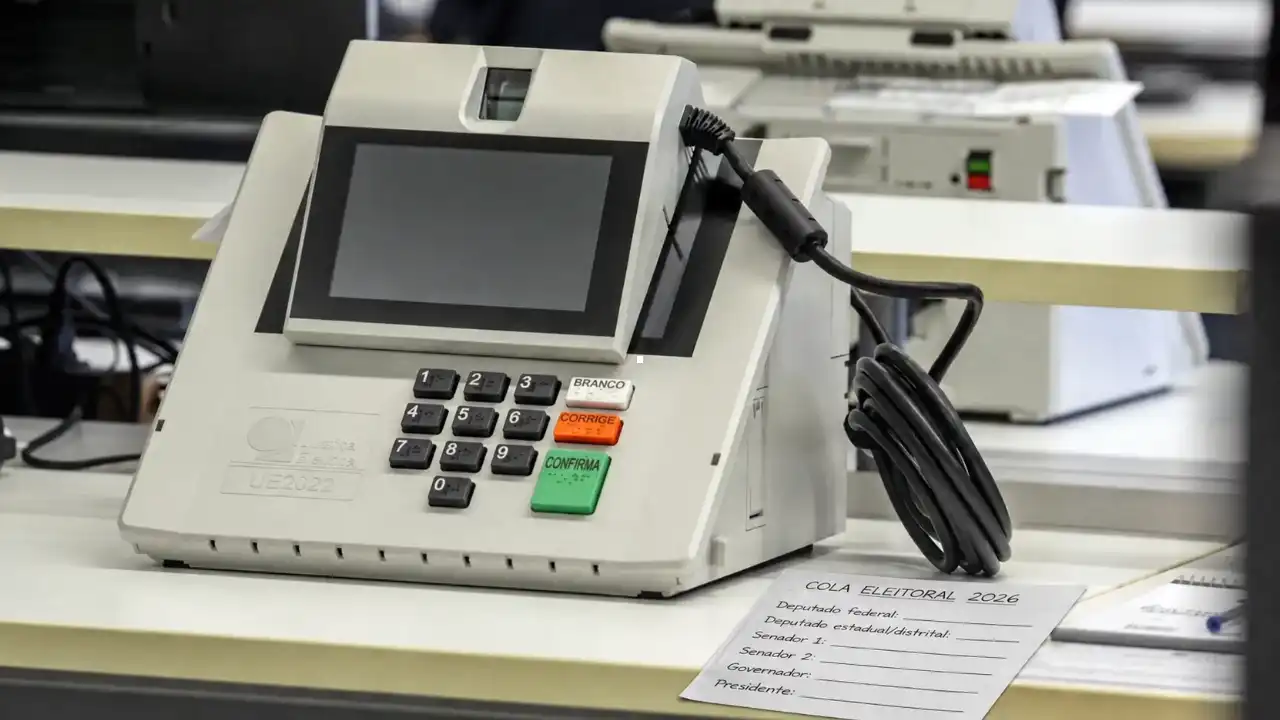 Urna eletrônica ao lado de cola eleitoral em papel com espaços para anotar os números dos candidatos nas Eleições 2026