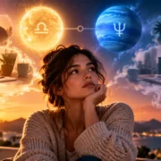 Mulher pensativa entre representações de expectativas e realidade durante oposição entre Sol em Libra e Netuno.