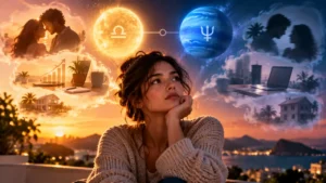 Mulher pensativa entre representações de expectativas e realidade durante oposição entre Sol em Libra e Netuno.