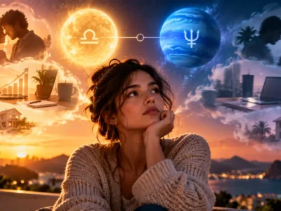Mulher pensativa entre representações de expectativas e realidade durante oposição entre Sol em Libra e Netuno.