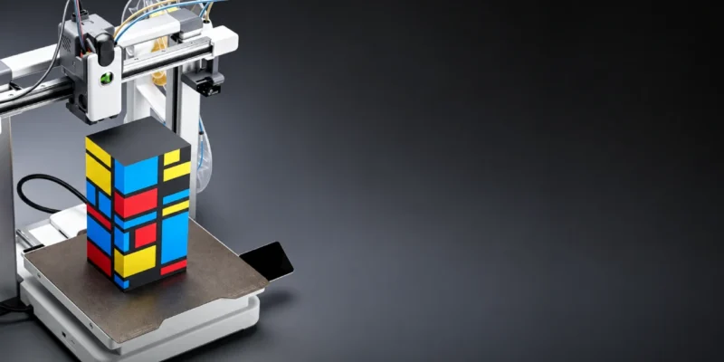 Impressora 3D Creality SPARKX i8 produz peça multicolorida com quatro cores.