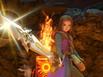 Luminary e personagens de Dragon Quest XI S em cena do jogo no Nintendo Switch 2.