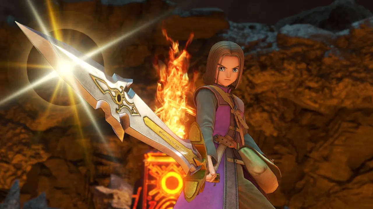 Luminary e personagens de Dragon Quest XI S em cena do jogo no Nintendo Switch 2. Luminary e personagens de Dragon Quest XI S em cena do jogo no Nintendo Switch 2.
