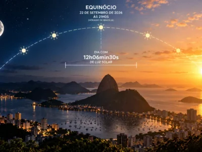 Equinócio de primavera sobre paisagem do Rio de Janeiro, com representação do nascer e do pôr do Sol e da duração do dia.