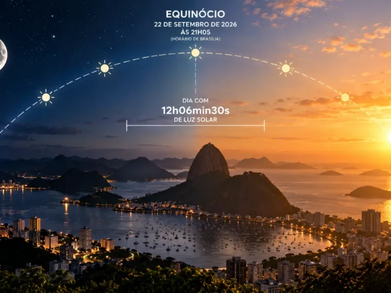 Equinócio de primavera sobre paisagem do Rio de Janeiro, com representação do nascer e do pôr do Sol e da duração do dia.