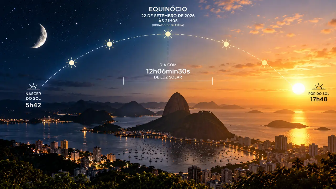 Equinócio de primavera sobre paisagem do Rio de Janeiro, com representação do nascer e do pôr do Sol e da duração do dia.