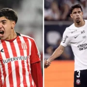 Jogadores de Estudiantes e Corinthians antes do confronto pelas quartas de final da Libertadores 2026