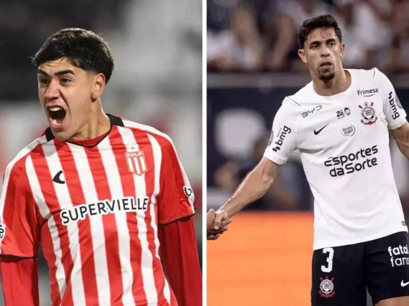Jogadores de Estudiantes e Corinthians antes do confronto pelas quartas de final da Libertadores 2026