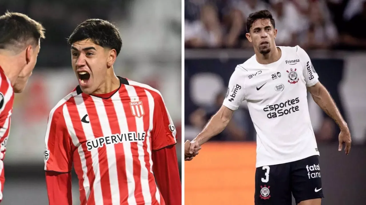 Jogadores de Estudiantes e Corinthians antes do confronto pelas quartas de final da Libertadores 2026 Jogadores de Estudiantes e Corinthians antes do confronto pelas quartas de final da Libertadores 2026