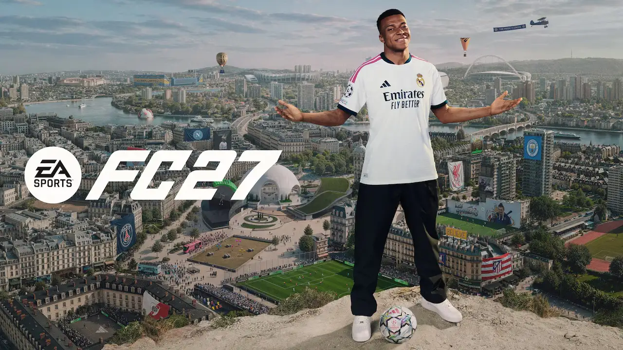 Jogador de futebol com uniforme branco do Real Madrid diante da identidade visual de EA Sports FC 27.