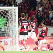 Jogadores do Flamengo comemoram durante partida do Campeonato Brasileiro