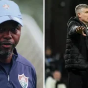 Marcão e Martín Palermo antes de Fluminense x Platense pelas quartas da Libertadores