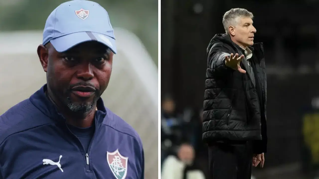 Marcão e Martín Palermo antes de Fluminense x Platense pelas quartas da Libertadores