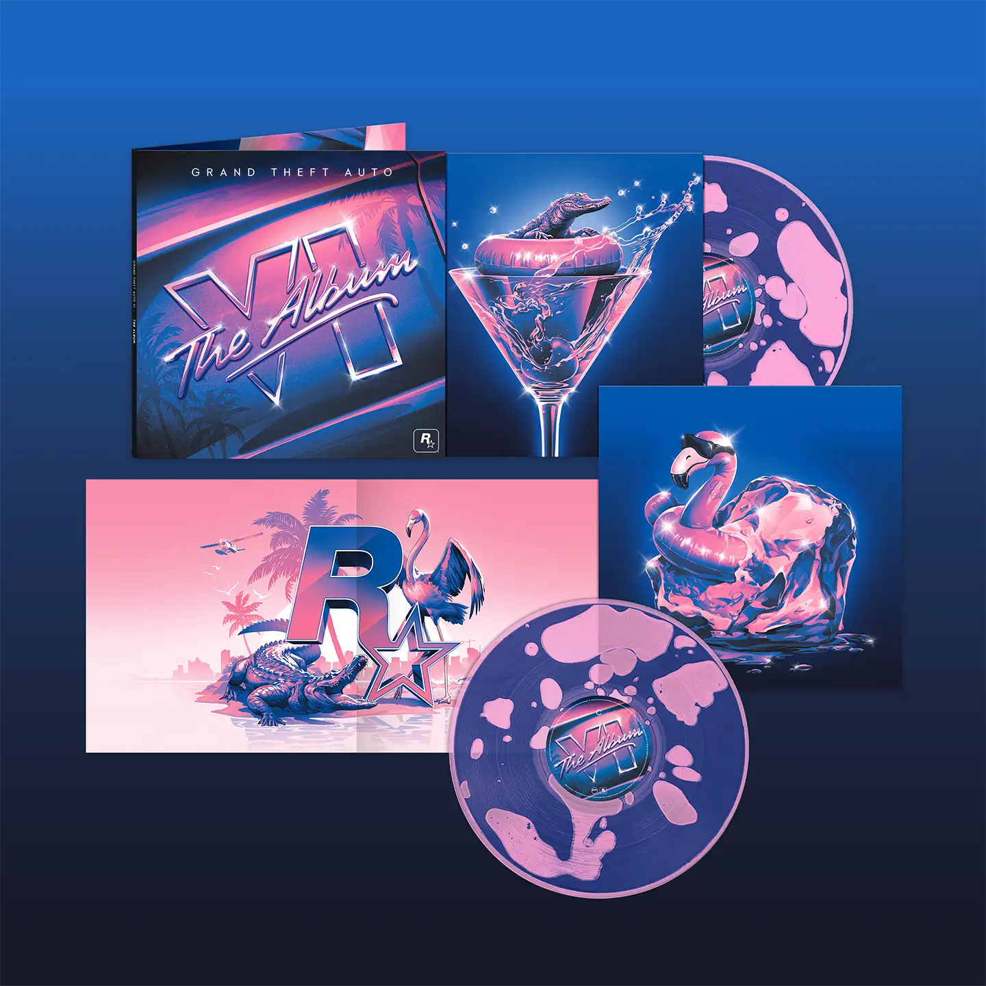 Edição em vinil de Grand Theft Auto VI: The Album com artes de Vice City, jacaré e flamingo.