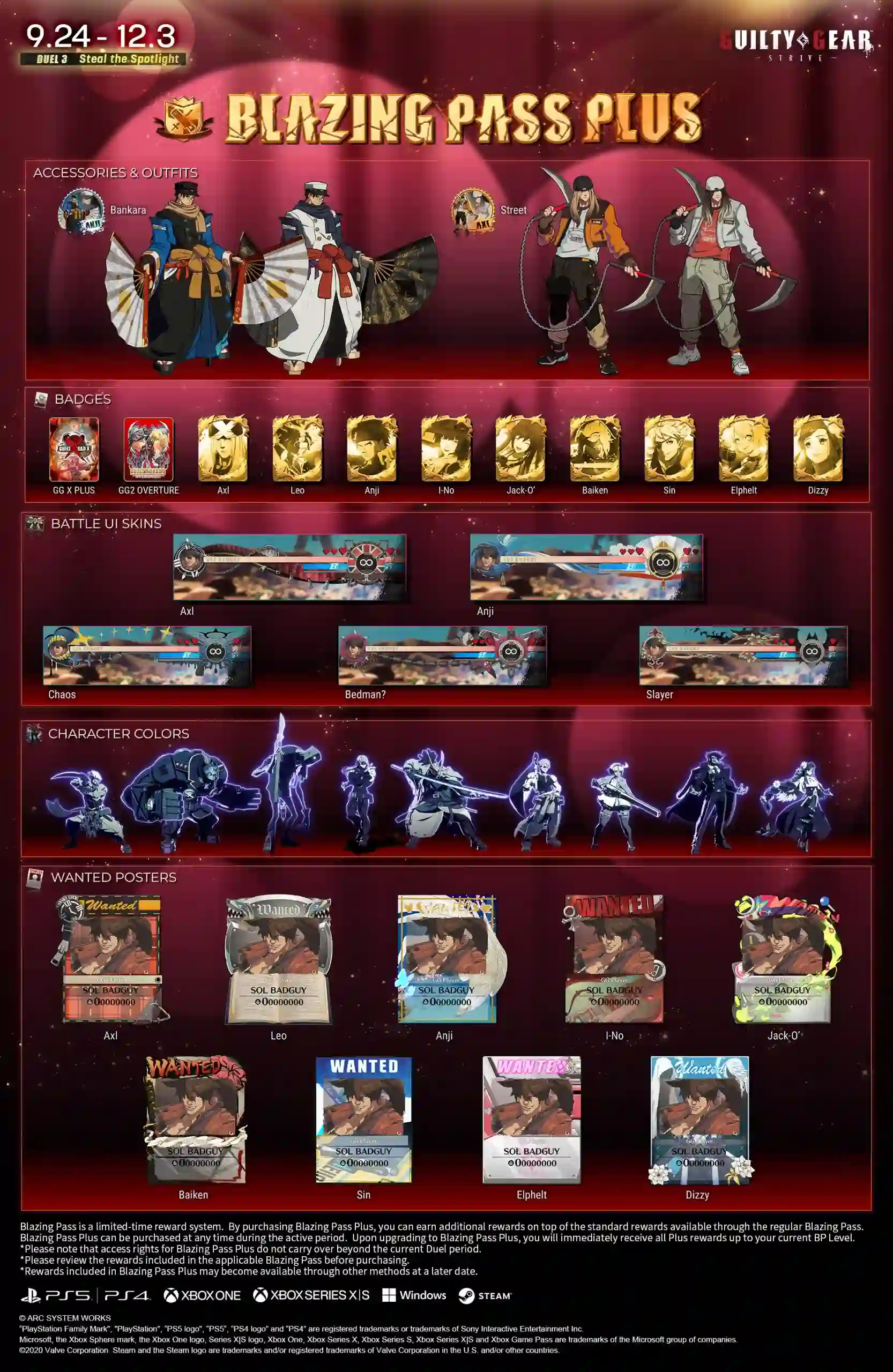 Recompensas do Blazing Pass Plus Duel 3 de Guilty Gear Strive.