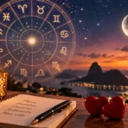 Roda zodiacal, Lua crescente e corações ilustram o horóscopo do amor de 8 de setembro de 2026.