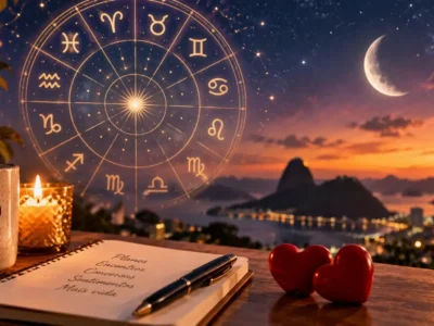 Roda zodiacal, Lua crescente e corações ilustram o horóscopo do amor de 8 de setembro de 2026.