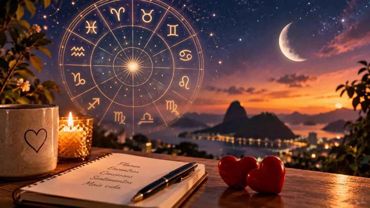 Roda zodiacal, Lua crescente e corações ilustram o horóscopo do amor de 8 de setembro de 2026.