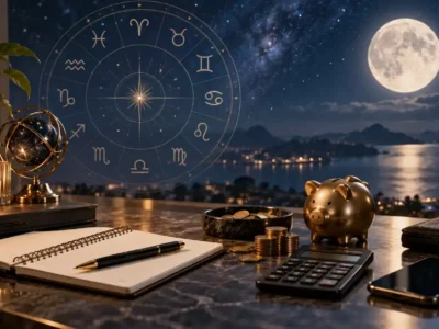 Roda zodiacal, Lua, cofrinho, moedas e calculadora ilustram o horóscopo do dinheiro de 8 de setembro de 2026