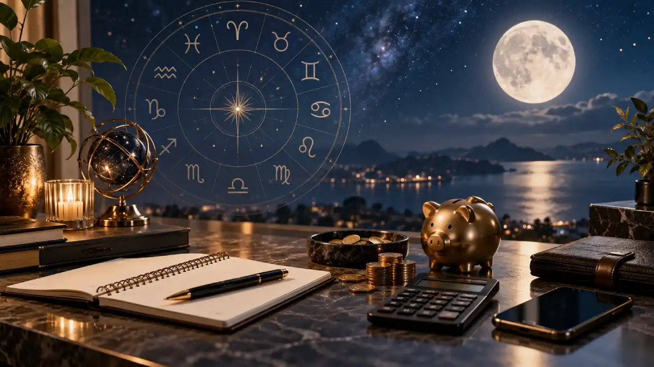 Roda zodiacal, Lua, cofrinho, moedas e calculadora ilustram o horóscopo do dinheiro de 8 de setembro de 2026
