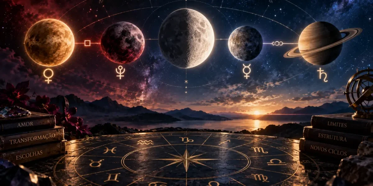 Composição astrológica reúne Lua em Quarto Crescente, Vênus, Plutão, Mercúrio e Saturno sobre roda do zodíaco