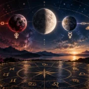 Composição astrológica reúne Lua em Quarto Crescente, Vênus, Plutão, Mercúrio e Saturno sobre roda do zodíaco