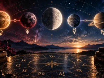 Composição astrológica reúne Lua em Quarto Crescente, Vênus, Plutão, Mercúrio e Saturno sobre roda do zodíaco