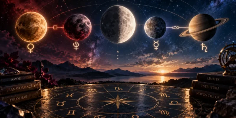 Composição astrológica reúne Lua em Quarto Crescente, Vênus, Plutão, Mercúrio e Saturno sobre roda do zodíaco