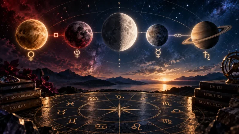 Composição astrológica reúne Lua em Quarto Crescente, Vênus, Plutão, Mercúrio e Saturno sobre roda do zodíaco
